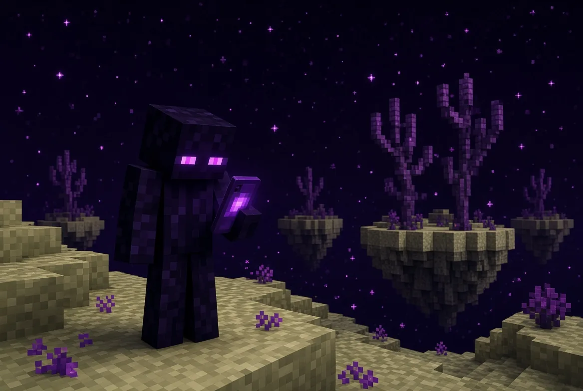 A player in an Enderman skin stands in the End at night, holding a glowing phone