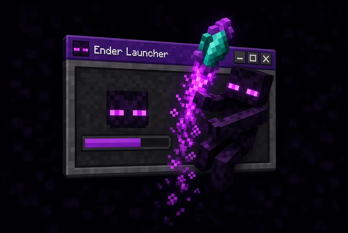 A player in an Enderman skin launches a glowing ender pearl out of the Ender Launcher window