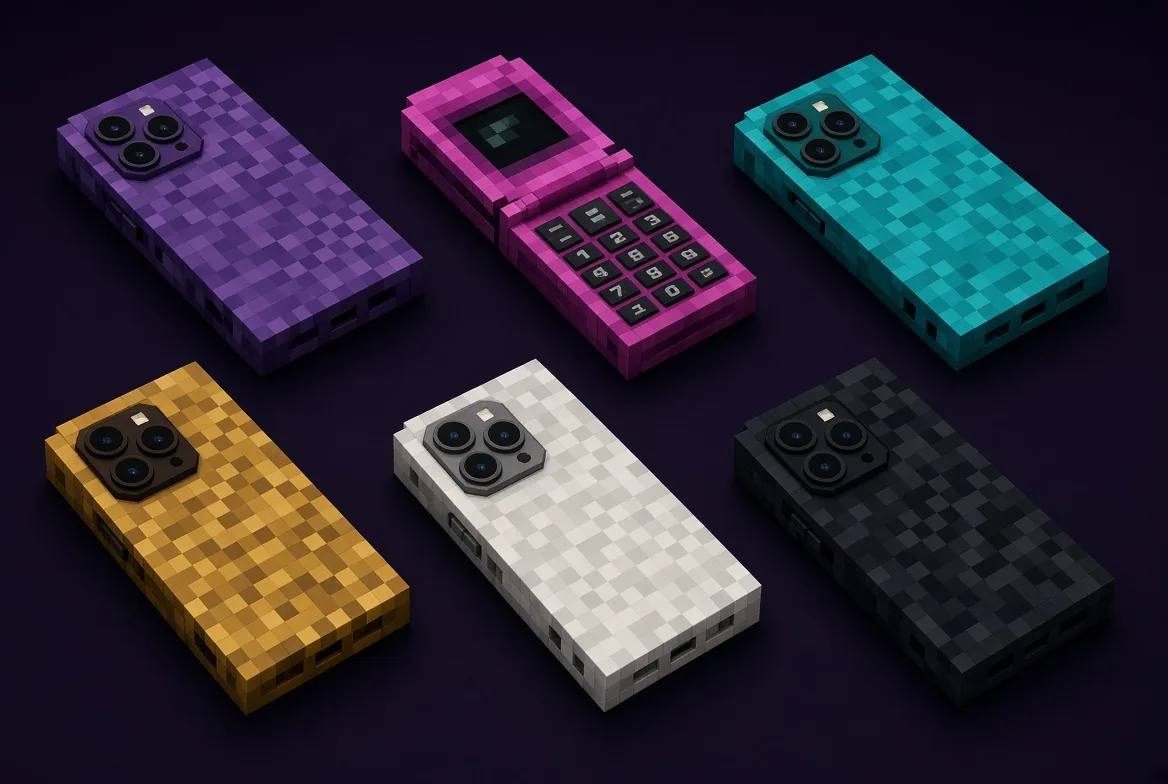Six blocky phones in purple, magenta, teal, gold, white and obsidian, one of them a flip phone