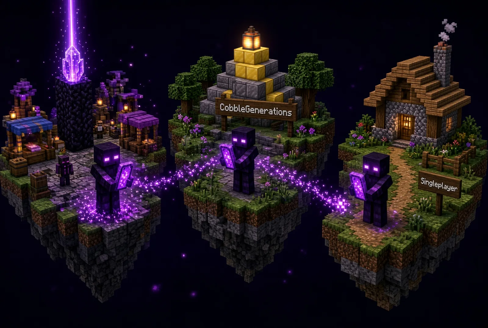 A player in an Enderman skin teleports between three floating islands: a town, the CobbleGenerations server and a singleplayer cottage