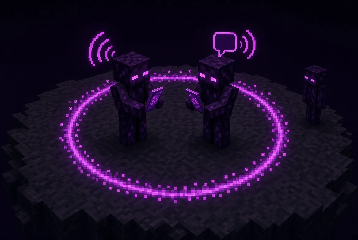 Two players in Enderman skins talk inside a glowing voice ring; a third, further off, is outside it and hears nothing